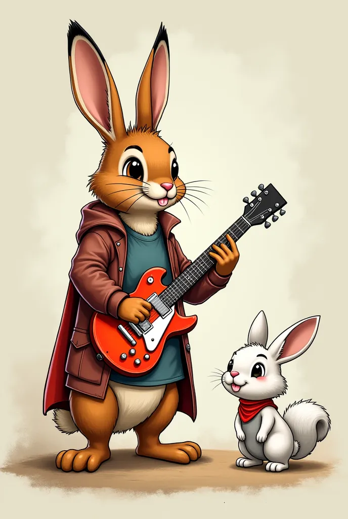 Create a fairytale illustration with 3 characters, In brown rock rabbit with his guitar, a white squirrel that can become invisible and a white rabbit that is super fast. All 3 are superheroes and it should be obvious 