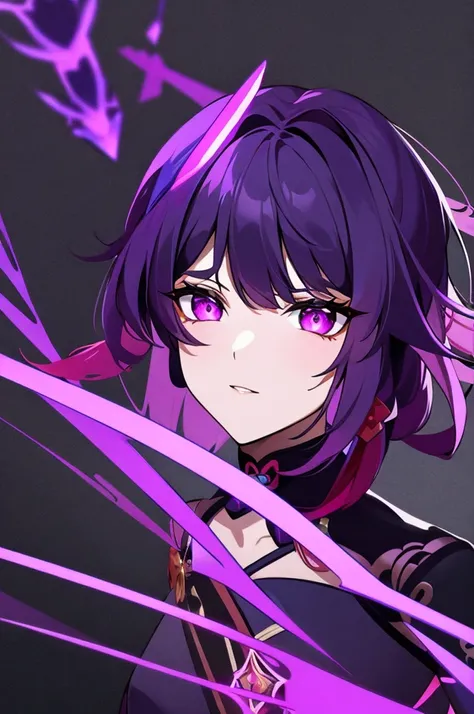 beidou (genshin impact)with dark purple hair and purple glowing eyes, cool, purple dark matter behind her, ((very dark background))
