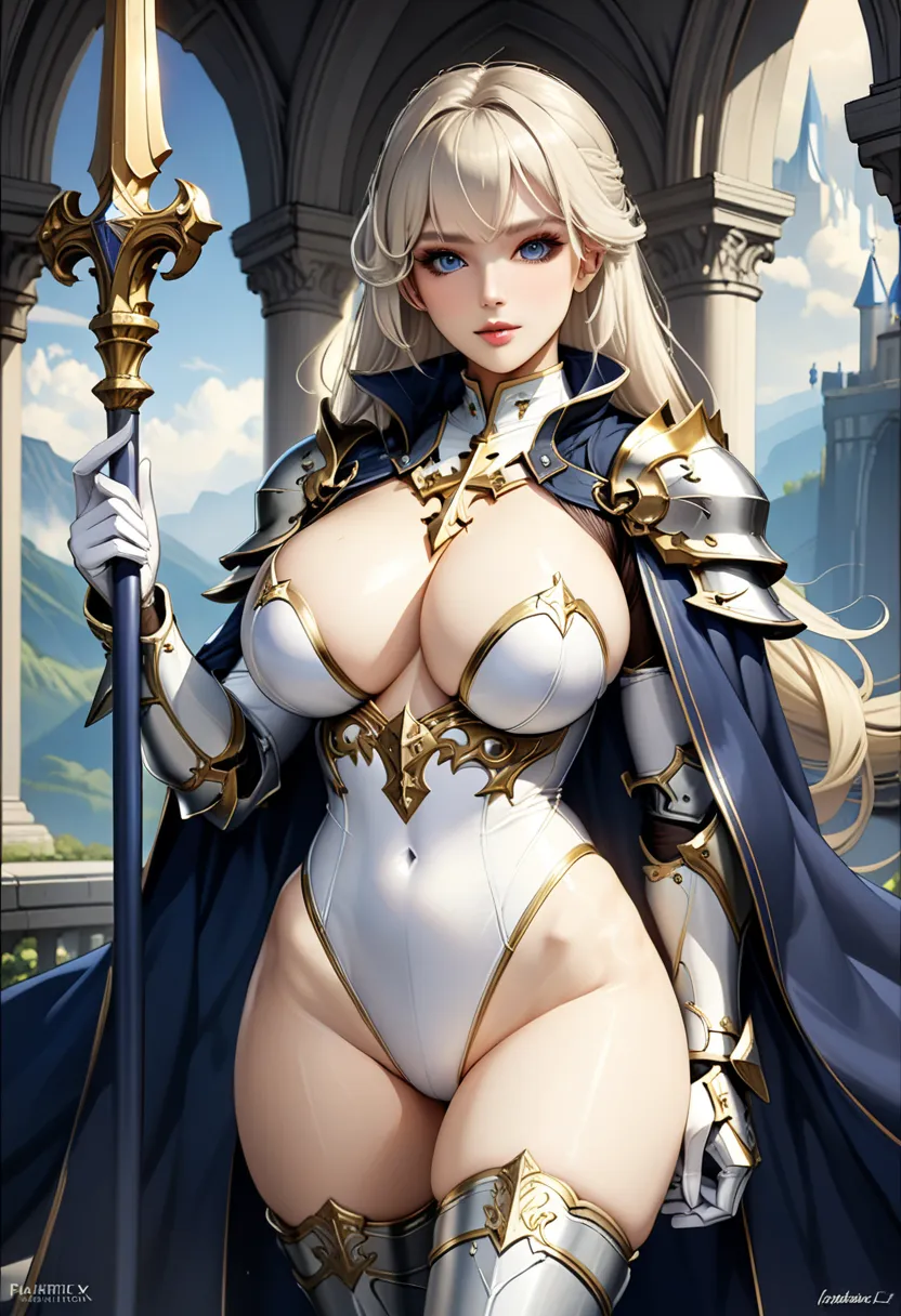 ((masterpiece)),((highest quality)),((8k)),((fantasy art:1.5)),(solo),1girl,perfect face,fantasy world,((Princess knight with a spear)),((Paladin Armor)),((platinum blonde long straight hair)),((Skin-tight white Bodysuits)),((cross goldwork sculpture leota...