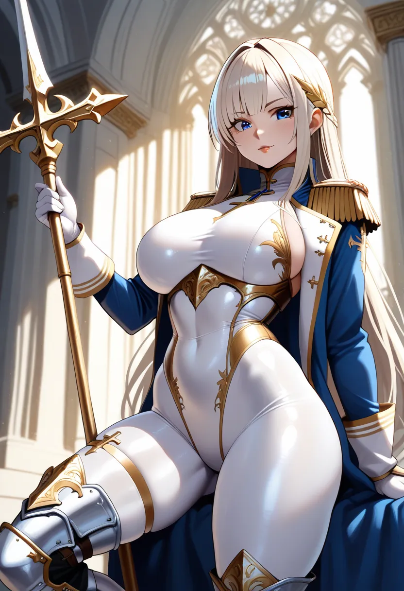 ((masterpiece)),((highest quality)),((8k)),((fantasy art:1.5)),(solo),1girl,perfect face,fantasy world,((Princess knight with a spear)),((Paladin Armor)),((platinum blonde long straight hair)),((Skin-tight white Bodysuits)),((cross goldwork sculpture leota...