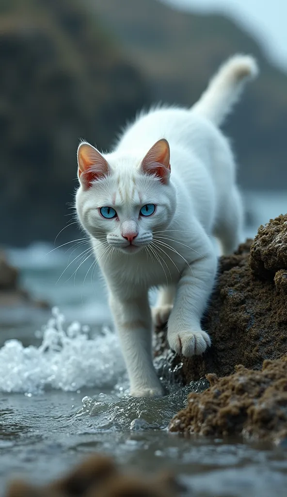 The white cat with blue eyes trying to climb the rocks to escape the rising tide, but its paws are slipping on the wet surface. The mood is desperate and tense. Style: realistic