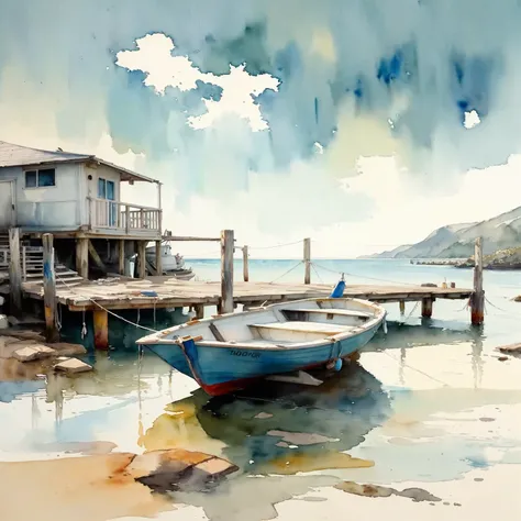 there is a painting of a boat moored at a pier,  watercolor painting style, Realistic watercolor, by Franz Hegi, digital painting in watercolor,  beautiful artistic representation , deep blue water color, by Konrad Grob, masterful painting detailed in wate...