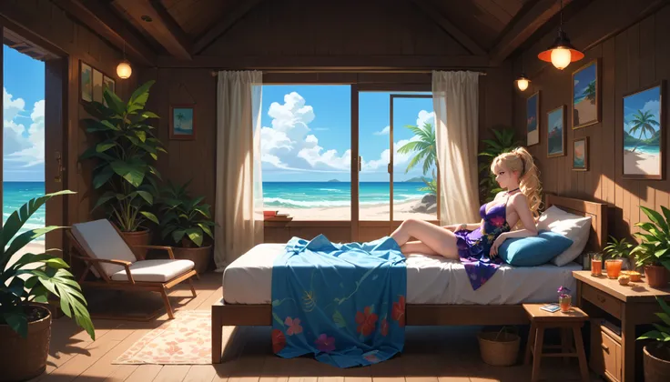 "A woman working on her laptop late at night in a tropical beach hut. She is wearing a breezy purple mini dress, with the sound of waves and lofi music blending together. The room is lit by a single lantern, and the open window reveals moonlit palm trees a...