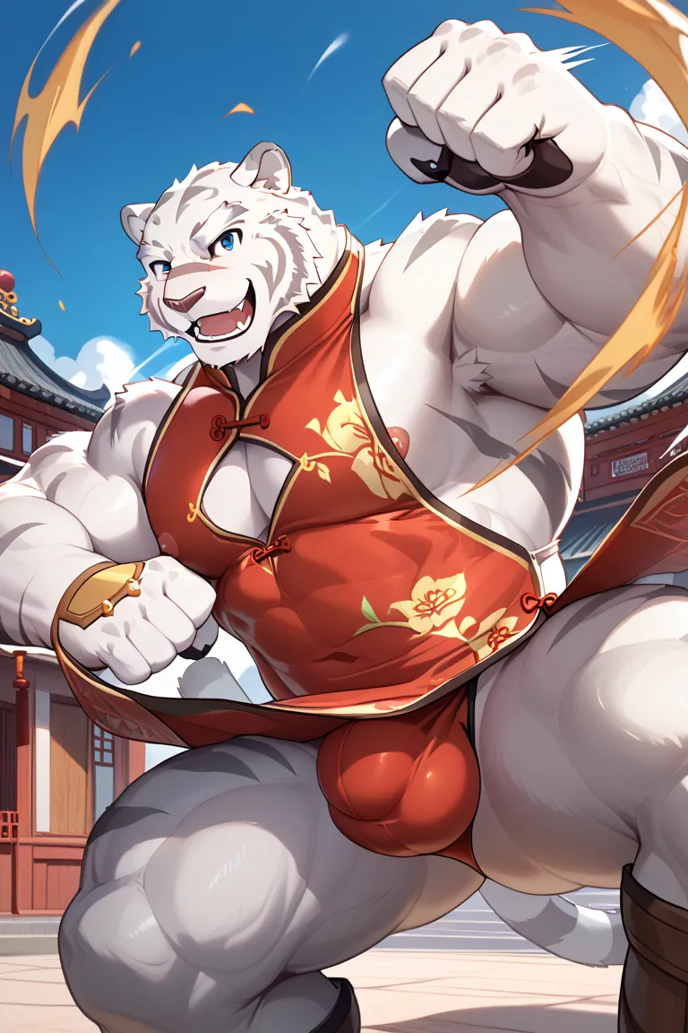 Zero Mercenaries,Mercenaries of the Evil One, Mammals,  white tiger, Big man, China Dress, Fluttering, bikini, Chinese style building, Fighting, fist, Upper kick, Dynamic Movement, dynamic composition, provocative smile,  furry , tail, motion blur, high qu...