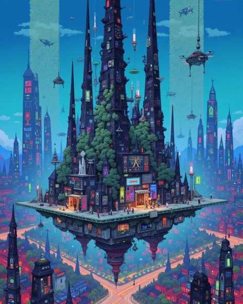 A floating metropolis in a futuristic city,
near future, Floating City, Cyberpunk, neon lights, Skyscrapers, Transparent road, hologram, Drone, Blue light,  Steampunk Elements 