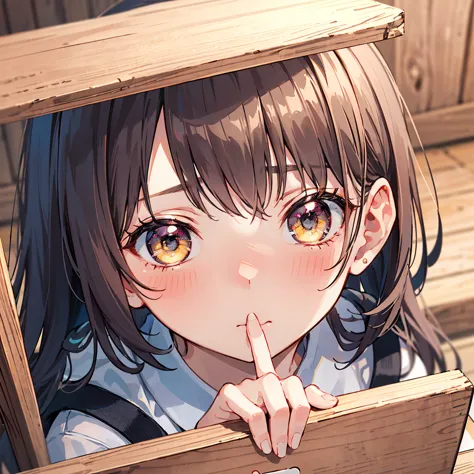 girl,A scene where a thin, small rectangular block of wood is picked up with a finger, Very surprising,Close up shot ,My face blushes slightly.,