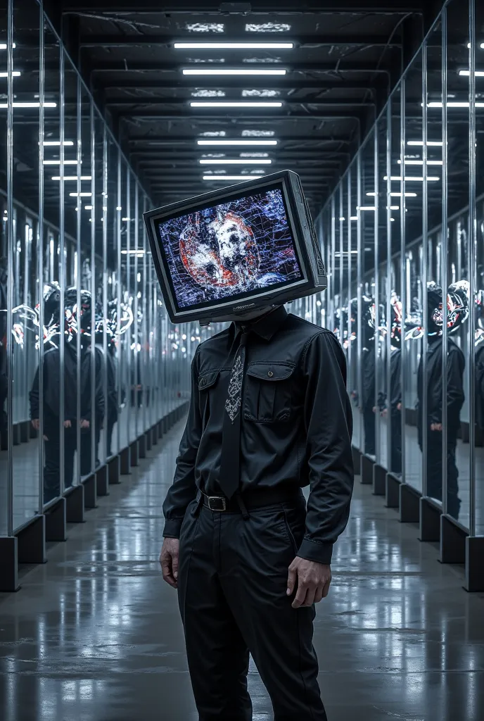 A man with the head of an old TV instead of a face broadcasts his own memories onto the screen, standing among, mirrored columns reflecting his past to infinity.