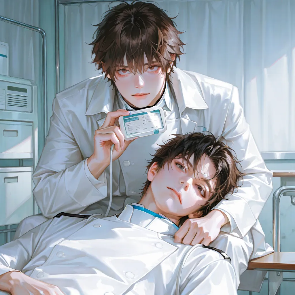 ((Two men) in doctor uniforms white color)), holding medical equipment, Brown hair and black hair, looking at viewer, hospital background , messy hair , work desk, doctor
 lying, male focus, handsome man, thickly painted,  (perfect Eyes) ,semi-realistic ar...