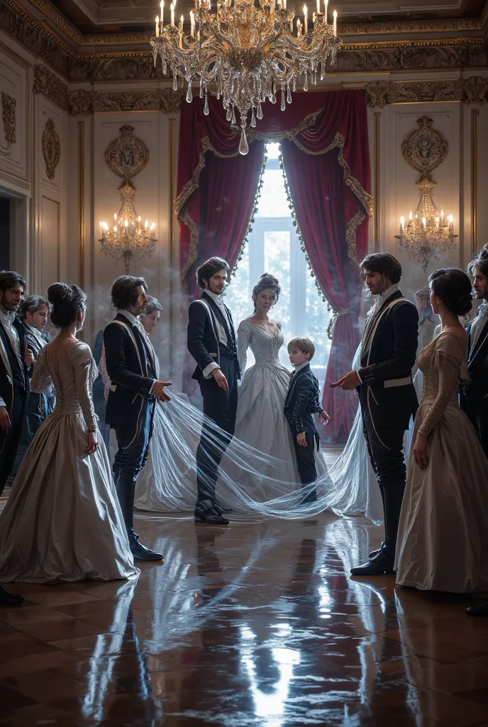 A luxurious 18th century ball, but the guests are their ren's versions of, mirrors reflect adults, who no longer have, and the music plays backwards, as if time has rolled into a loop.