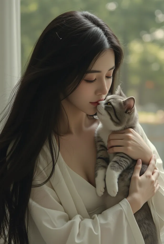 Long-haired adult woman with long black hair kissing a cat