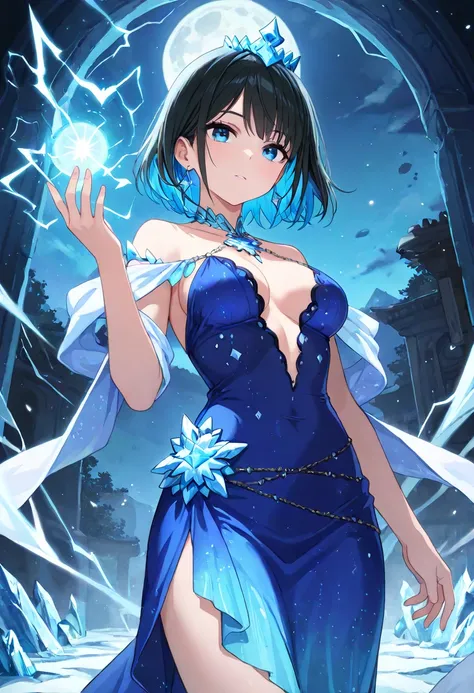  night , ((1 girl)), alone, masterpiece,  8k Wallpaper, High Resolution, Absard Dress,  High quality background , short hair,   black hair,  multicolor hair, Beautiful frozen village, (Bright full moon), blue dress,  detailed dress ,  jewelry dress, ( magi...