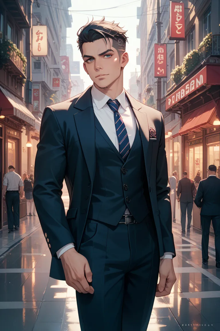 A yakuza in a suit is standing