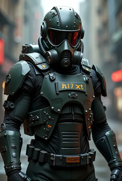 A futuristic soldier wearing gas mask/helmet, name tag says "MCASH", embossing on gas mask contains the text "N!xT"