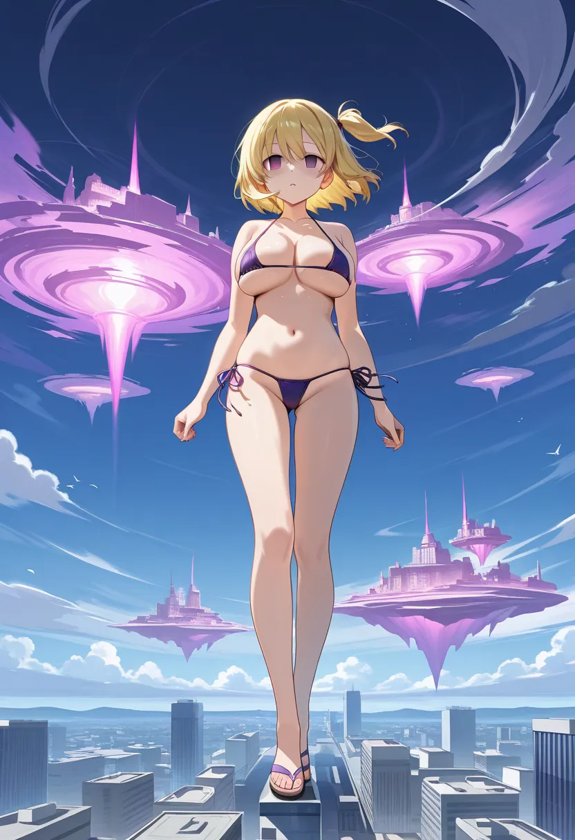 A Floating City, waiting for someone ,Wind, , large breasts,  yellow hair, one side up, side ponytail, short hair, purple eyes, empty eyes, Micro Bikini, full body