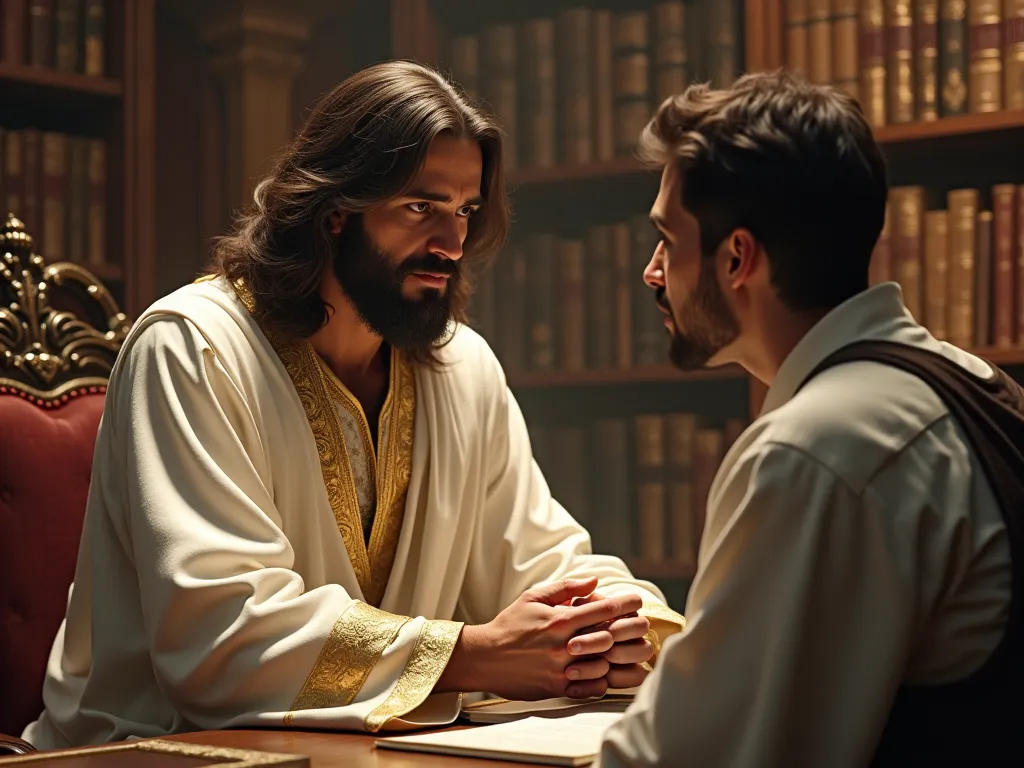 Realistic Jesus staring intently in white clothes with gold trim talking to a young man in a library