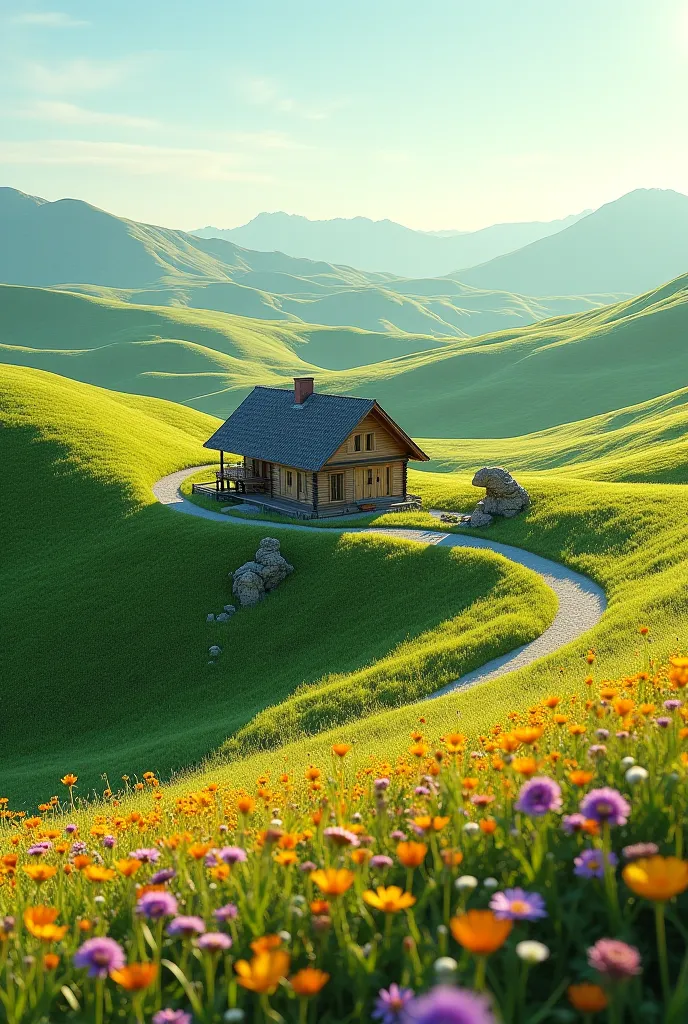 realistic rolling, grassy hillside dotted with colorful wildflower and house wood 