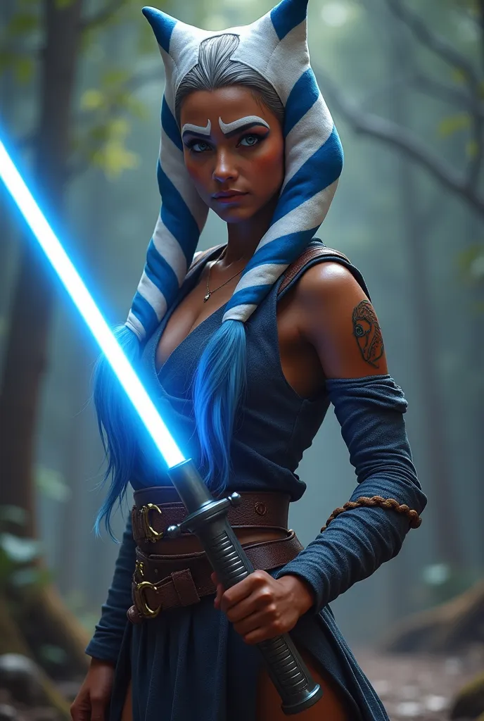 jedi.  ultra realistic image. Combat position with blue Jedi sword in raised hand,  ready to attack . Fighting Ashoka Tano

Personality:
Klaudia is a proud and self-confident woman, but not arrogant. He firmly believes in honor and justice, and sees duels ...