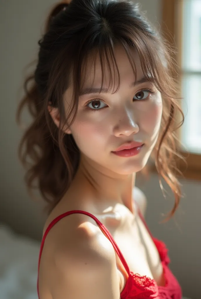 Professional photo shoot of a beautiful woman using natural light、A cute Japanese with brown hair, a 16-year-old with a small, sharp face, big eyes and well-balanced round contours、She is stretching backwards in red lace underwear、