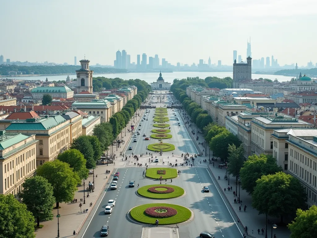 beautiful cityscape, big city, large river, classic buildings, neoclassical buildings, cars on the street, square, green-white-bluehorizontal lines on the  flag, tourists walking, in the background far away high skyscreapers visible modern towers, castle, ...