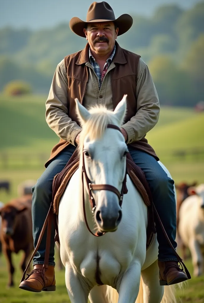 This man rides a white horse on a farm where you can find more animals 