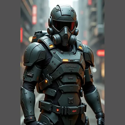 A futuristic soldier wearing gas mask/helmet, name tag says "MCASH", embossing on the middle of the chest contains the text "N!xT"