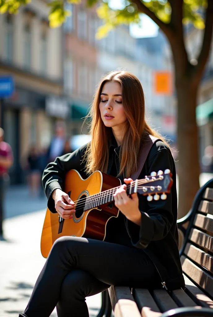 arafed woman sitting on a bench playing a guitar in a city, guitarist, women playing guitar, the girl plays the guitar, singer songwriter, singer - songwriter, playing the guitar, the guitar player, playing a guitar, musician, playing guitar, guitar solo, ...