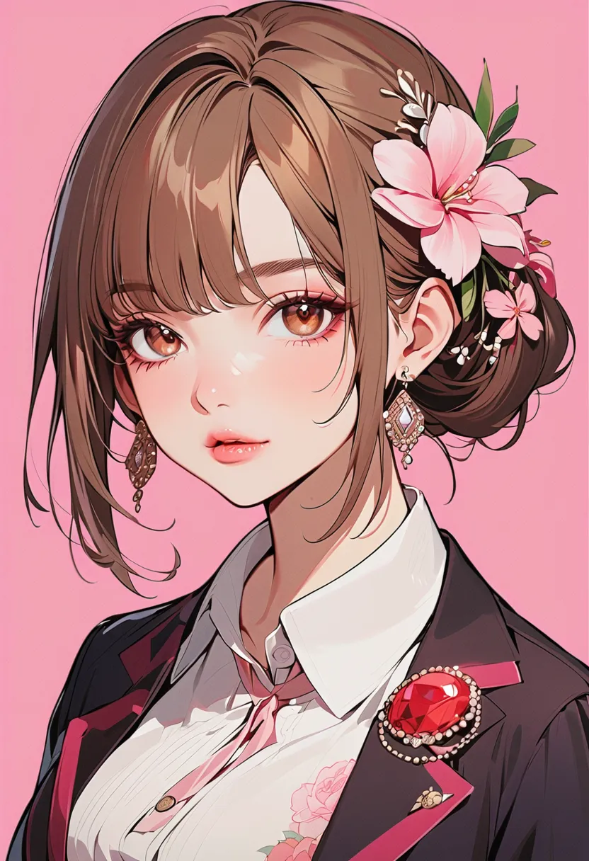 1girl, flower, solo, jewelry, hair_ornament, hair_flower, earrings, brown_hair, looking_at_viewer, shirt, white_shirt, brown_eyes, red_gemstone, gem, collared_shirt, jacket, pink_ribbon, ribbon, pink_flower, pink_background