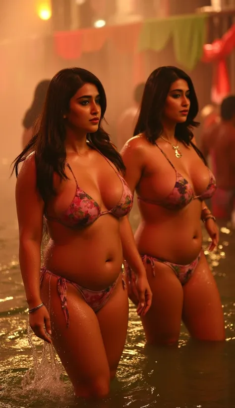 semi curvy indian women, naked, in mahakumbh, dip in ganga, detailed facial features, sensual pose, wet skin, water splashing, colorful cultural environment, steam rising, warm lighting, dramatic atmosphere, photo-realistic, HDR, UHD, studio lighting, extr...