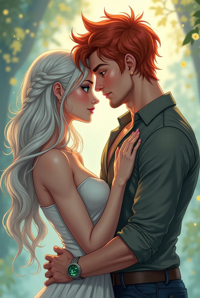 a beautiful woman with long silver white hair and emerald jeweled eyes was kissing a handsome man with fiery red hair and reddish gray eyes. Described in webtoon style.