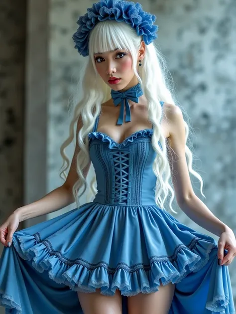  A 23-year-old gothic punk goth girl, perfect face, beautiful Asian woman with long White hair in curls and coils, very cute and           beautiful girl, (highly detailed beautiful face),
]cowboy shot, looking at viewer, skirt lift, white panties (Blue go...