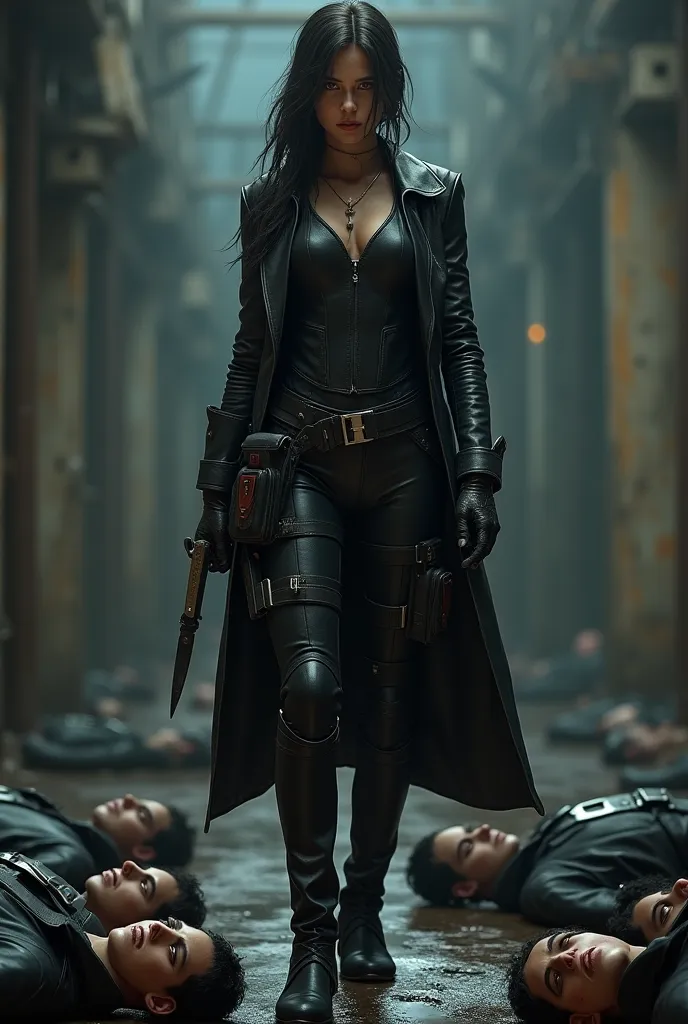 A girl with cold and tough features and wears a black leather suit with equipment including knives and dozens of dead bodies 
