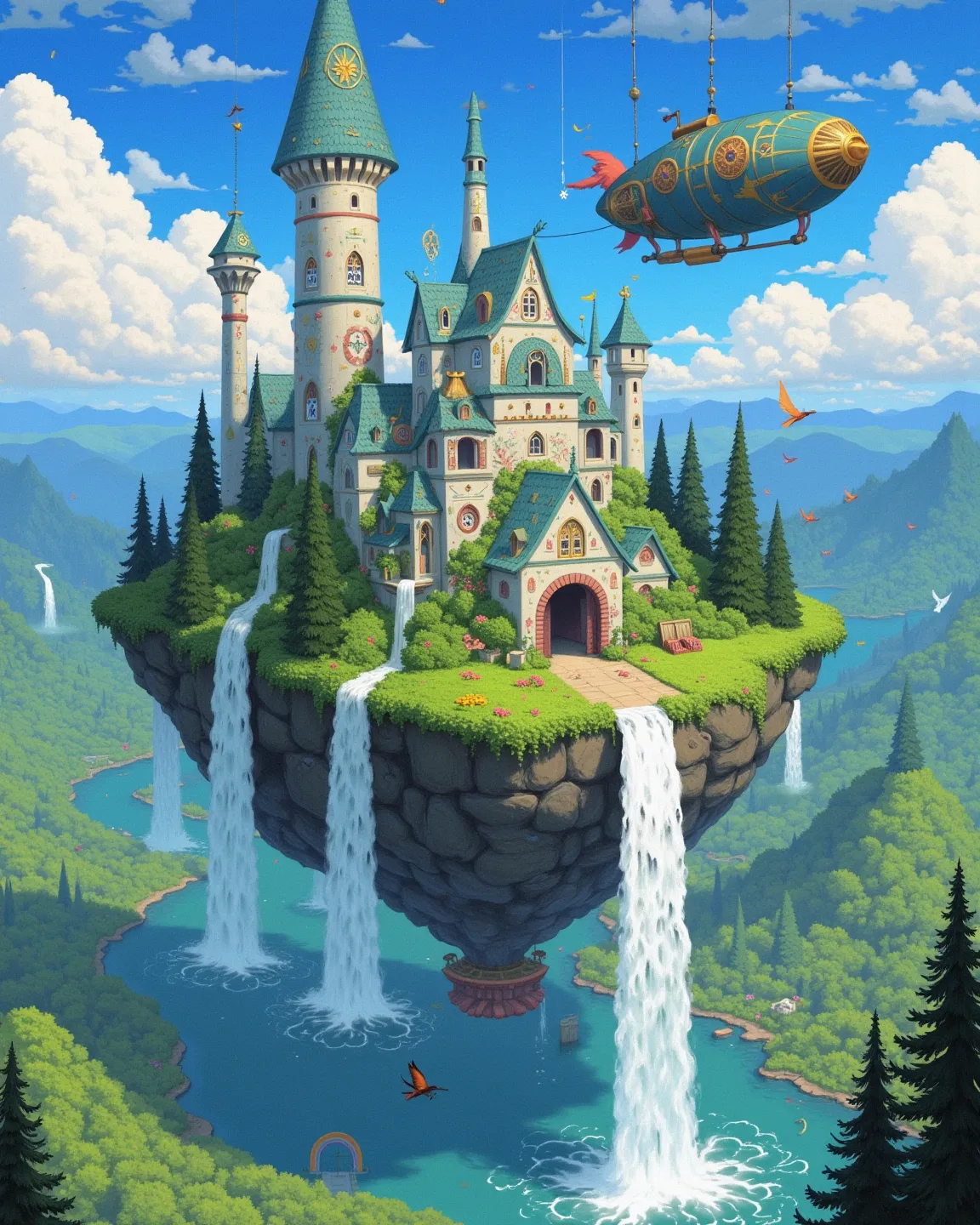 Mysterious, Floating City,  Island in the Sky , Waterfall flowing , Lush greenery,  sunshine,  Magical Brilliance , Brilliant Colors, fantasy, airship