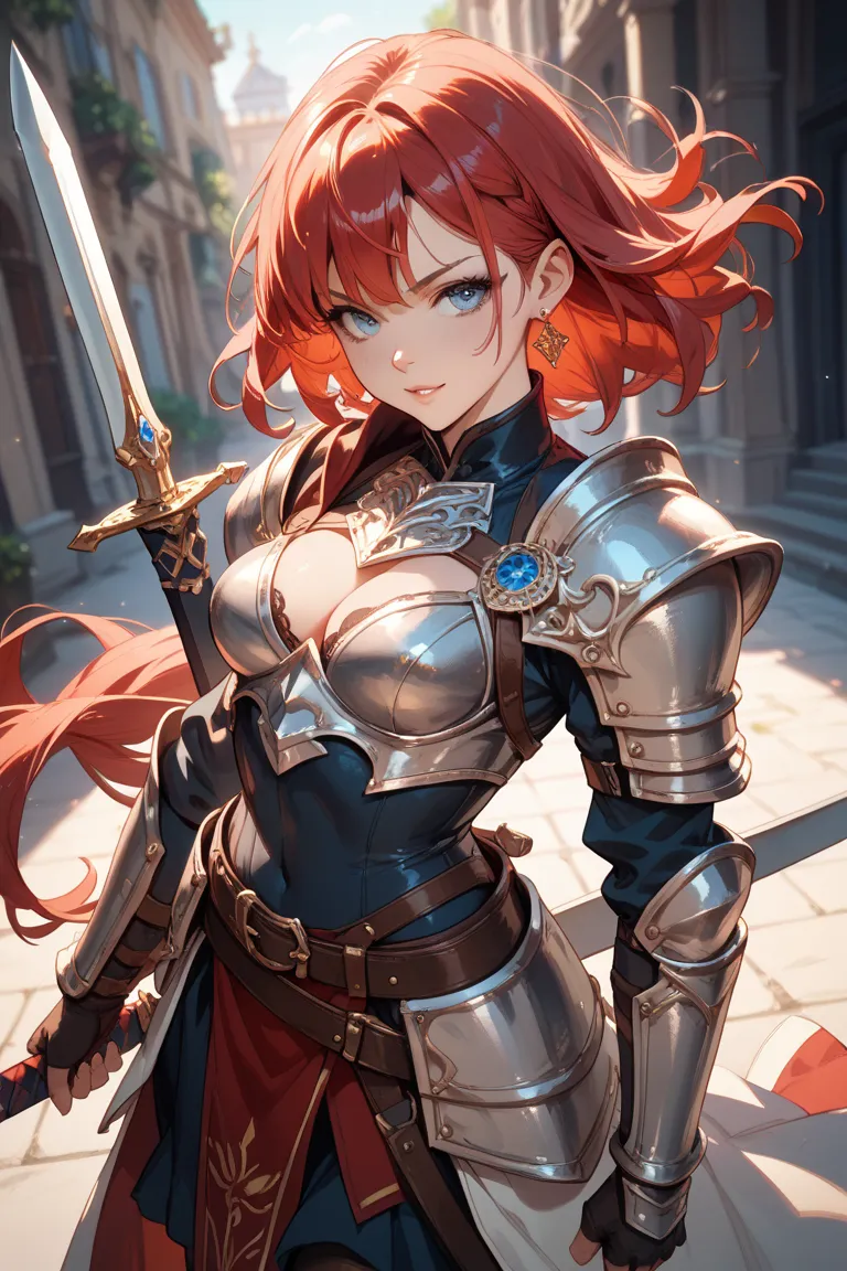 The government gives you a sword with red hair and blue eyes and armor