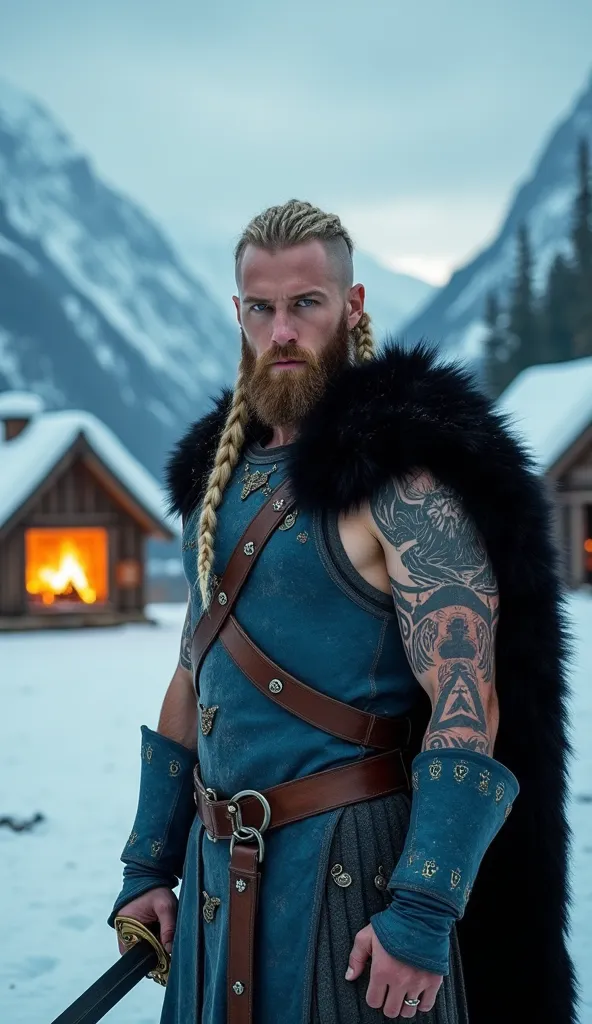 A dramatic Nordic landscape with a Viking warrior in a medieval setting. The Viking warrior is a tall, muscular man with shoulder-length blonde braids, a shaved beard with small Viking jewelry, and icy blue eyes. He wears sleeveless blue-toned armor decora...