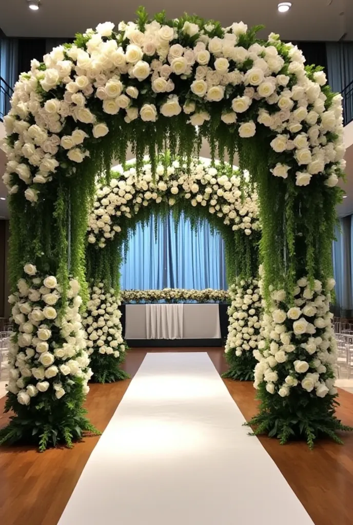 créer un fond de mariage qui se lient à cette centre de table , de preference une grande structure floral