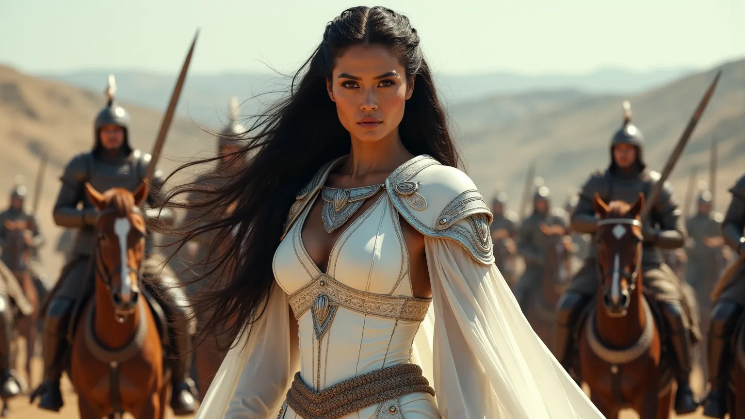 A beautiful black haired warrior in white armour with big boobs, She is holding a sword surrounded by riders 