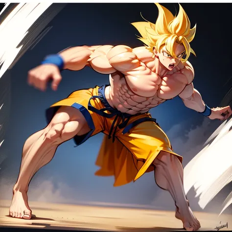 ( A detailed drawing of goku , mma fighting .), With a naked torso, white Shorts, red boxing glowes, huge muscular body, shredderd Body, big Bizeps, big shoulders, Muscle legs,abs, Barefoot, Mixed Martial arts, high step, Full body image, side chest, baref...