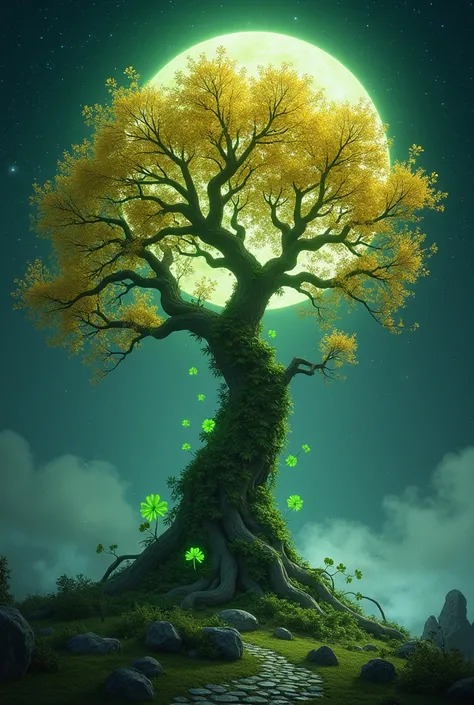 A mystical tree with golden leaves and shamrocks growing from its branches, glowing under the moonlight.