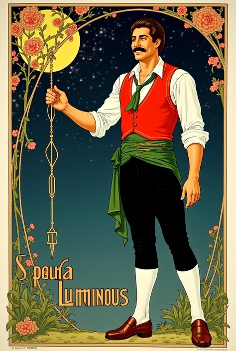 Create a 1910s Art Nouveau movie poster containing the following elements: Left: Art Nouveau lines and curves of branches and flowers with highly detailed gold and black text "Italy". Right: Italian man (Andrea Bruno aka Super Luminous), standing, facing f...