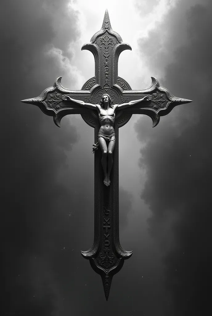 Create an ultra-realistic black, white and gray Catholic cross in 4D, with internal details that say YESHUA. Make the ends of the cross pointy.