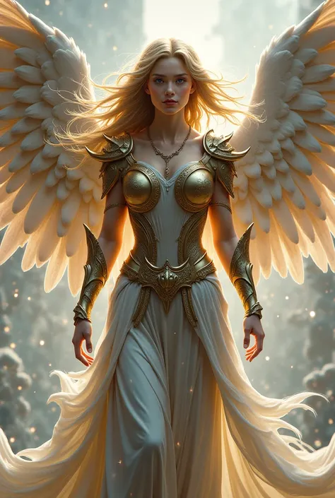 Heavenly woman, with six wings , His hair would fly in the wind, is wearing armor with part of a warrior's dress, 