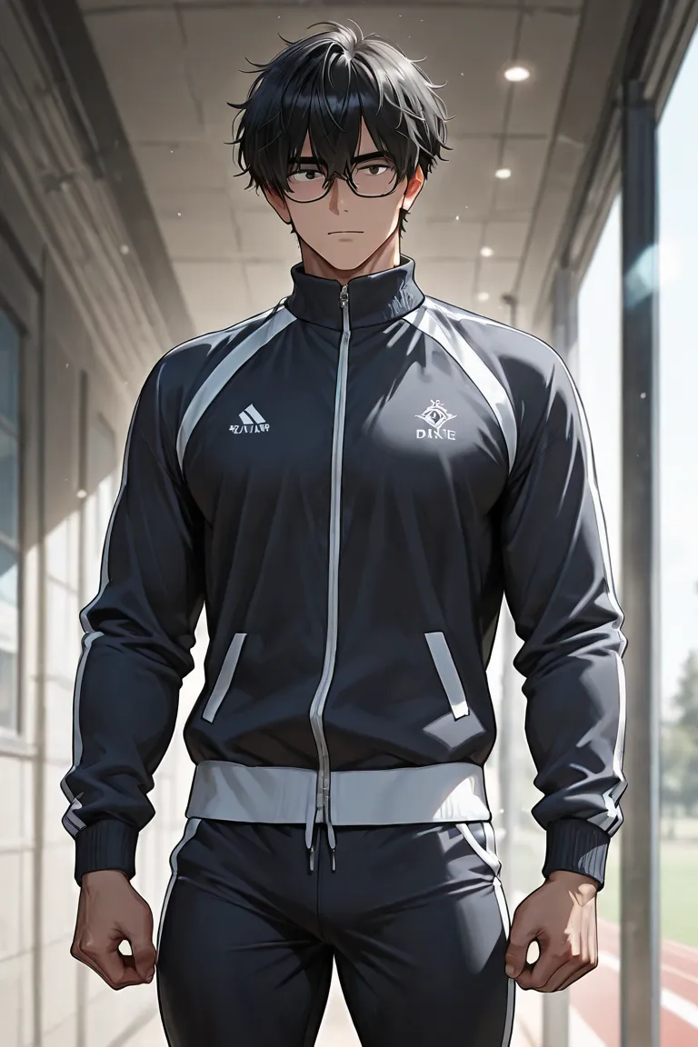 A Man in his 24, with black short messy hair, tall, with subtile muscles, grey hoddie and black track suit leggings, wearing glasses, high details, ultra quality, in anime