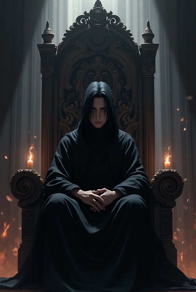 Just change this and make it just like naruto Shippuden episod 135's ecenw of itachi Uchiha sitting on a throne, and give him the same postures and cloths as itachi uchiha and make it dark. 