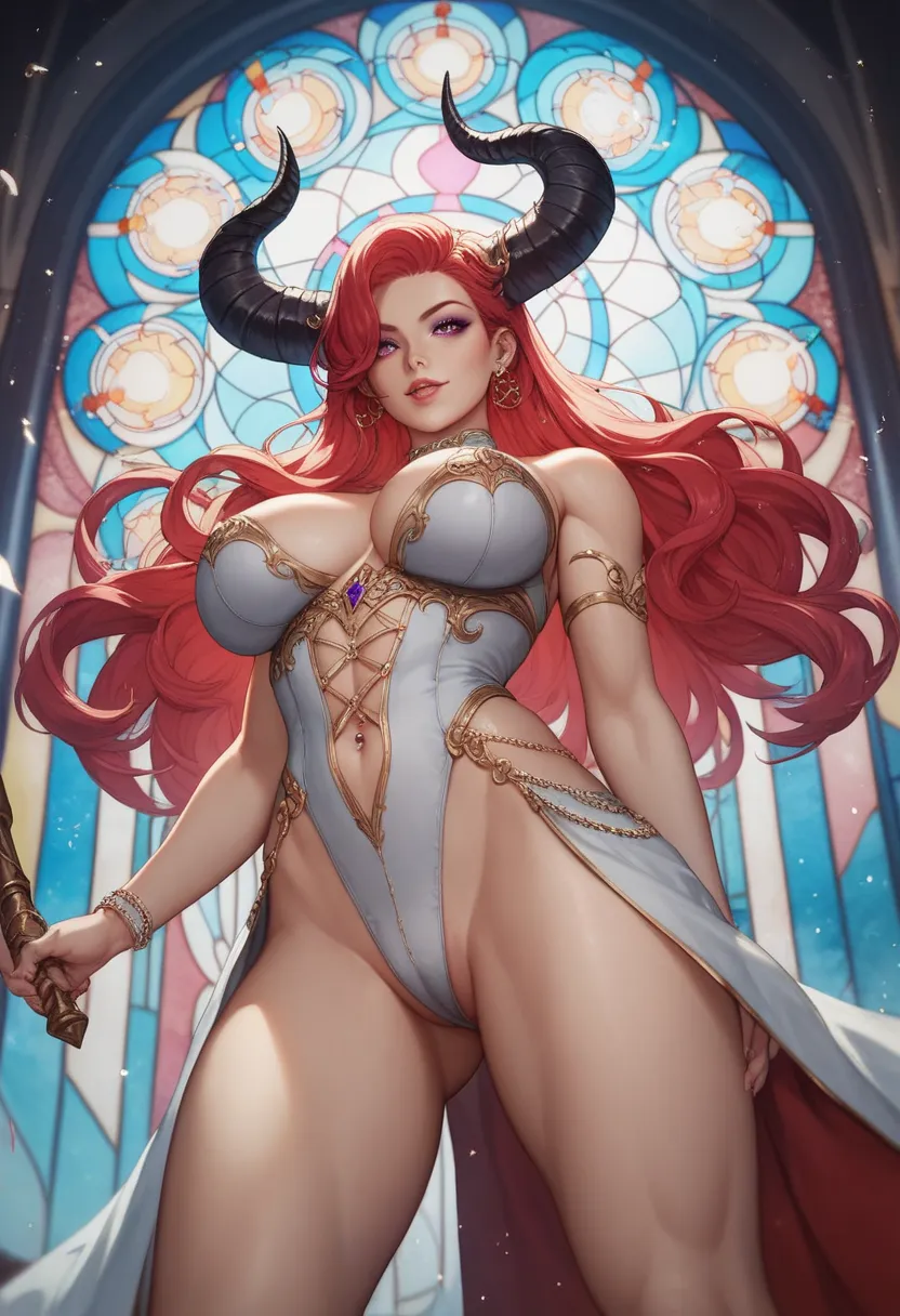 A highly detailed anime-style illustration of a muscular, voluptuous demon woman with long, flowing red hair and curved black horns. She has piercing purple eyes and a confident, seductive expression. Her skin is smooth and glossy, reflecting soft ambient ...