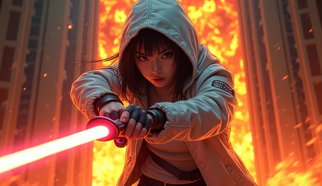 A Korean woman wielding a glowing sword, running towards the entrance of a dungeon beneath a burning skyscraper, cyberpunk anime style, wearing a futuristic techwear outfit with an oversized hoodie, styled like Ghost in the Shell, cyberpunk streetwear with...