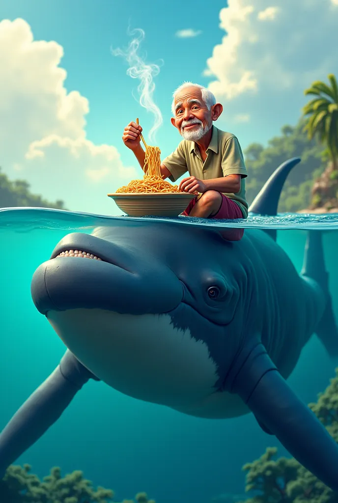 Grandpa eating noodles on top of a Thai whale