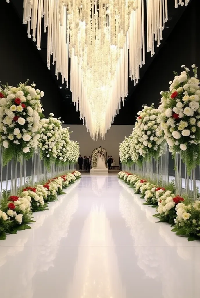 je veux avoir un fond de mariee en liaison à cette centre de table , un grand estrade de mariage avec 3 grands structures florales et un grand lustre au milieu , style classe et épuré