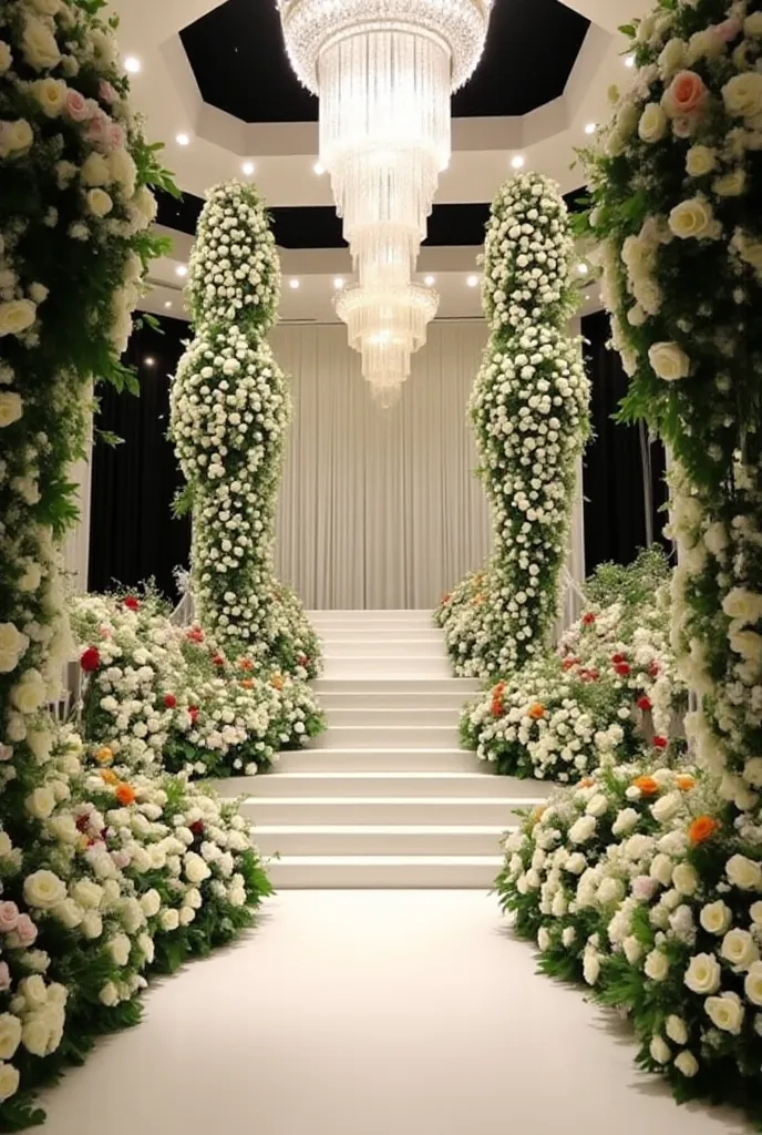 je veux avoir un fond de mariee en liaison à cette centre de table , un grand estrade de mariage avec 3 grands structures florales et un grand lustre au milieu , style classe et épuré