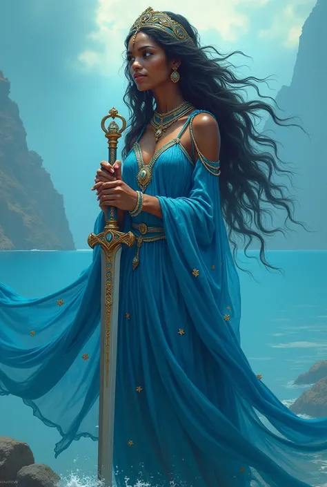 Yemanjá in baby blue, From Curaça, Sword and with mirror in hand 