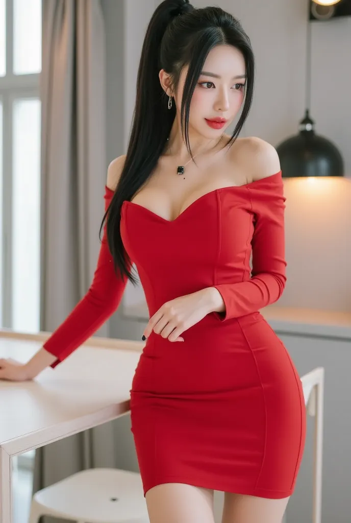 A voluptuous Korean woman with a full bust, a slender waist, a full and firm bottom, long and smooth legs, wearing a fitted red two-piece micro mini skirt suit that accentuates her figure, red high heels, a neat ponytail hairstyle, looking at the master wi...